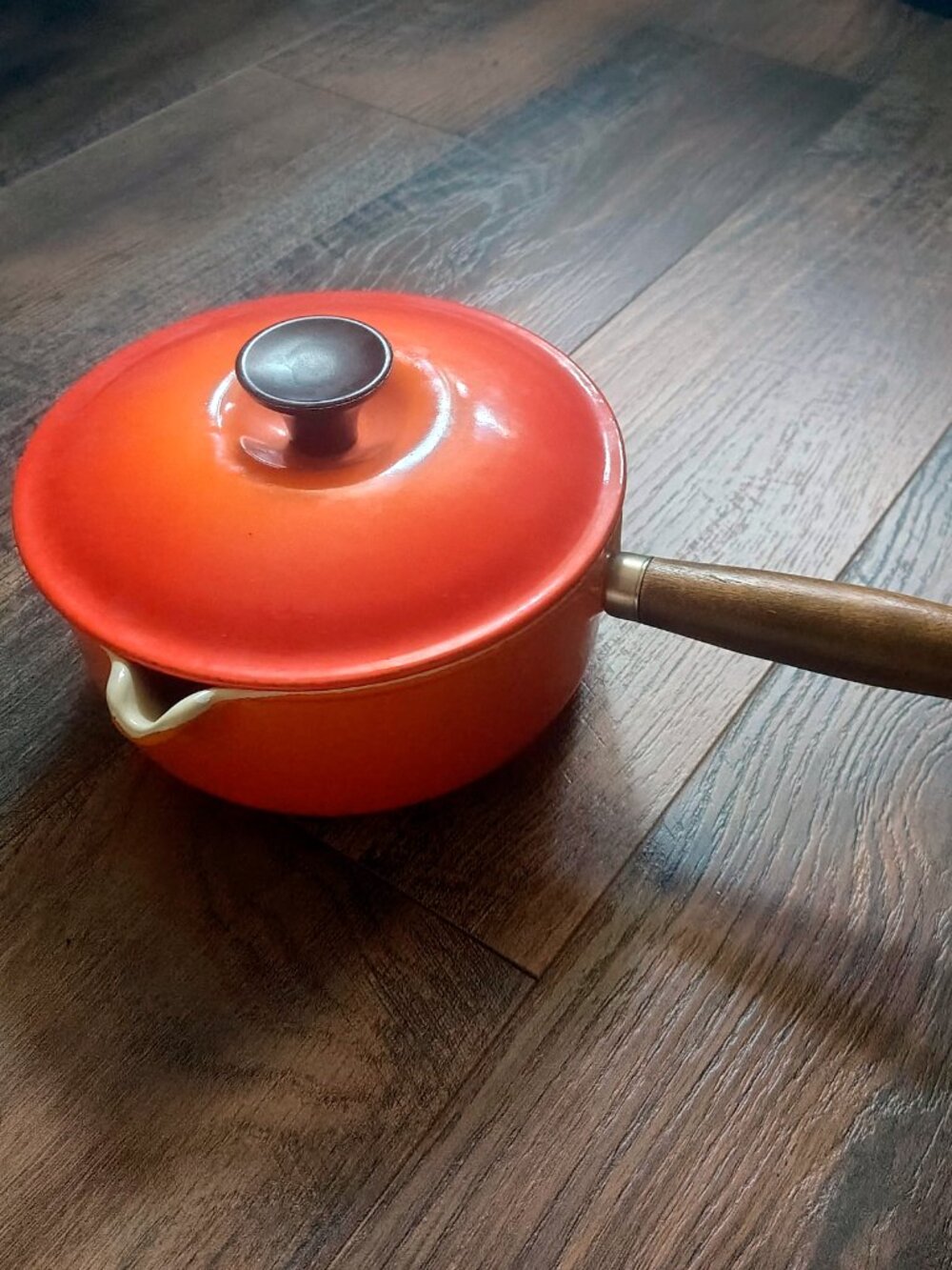 Vintage Le Creuset 18 Flame Orange Enameled Cast Iron Spout Saucepan with Lid
